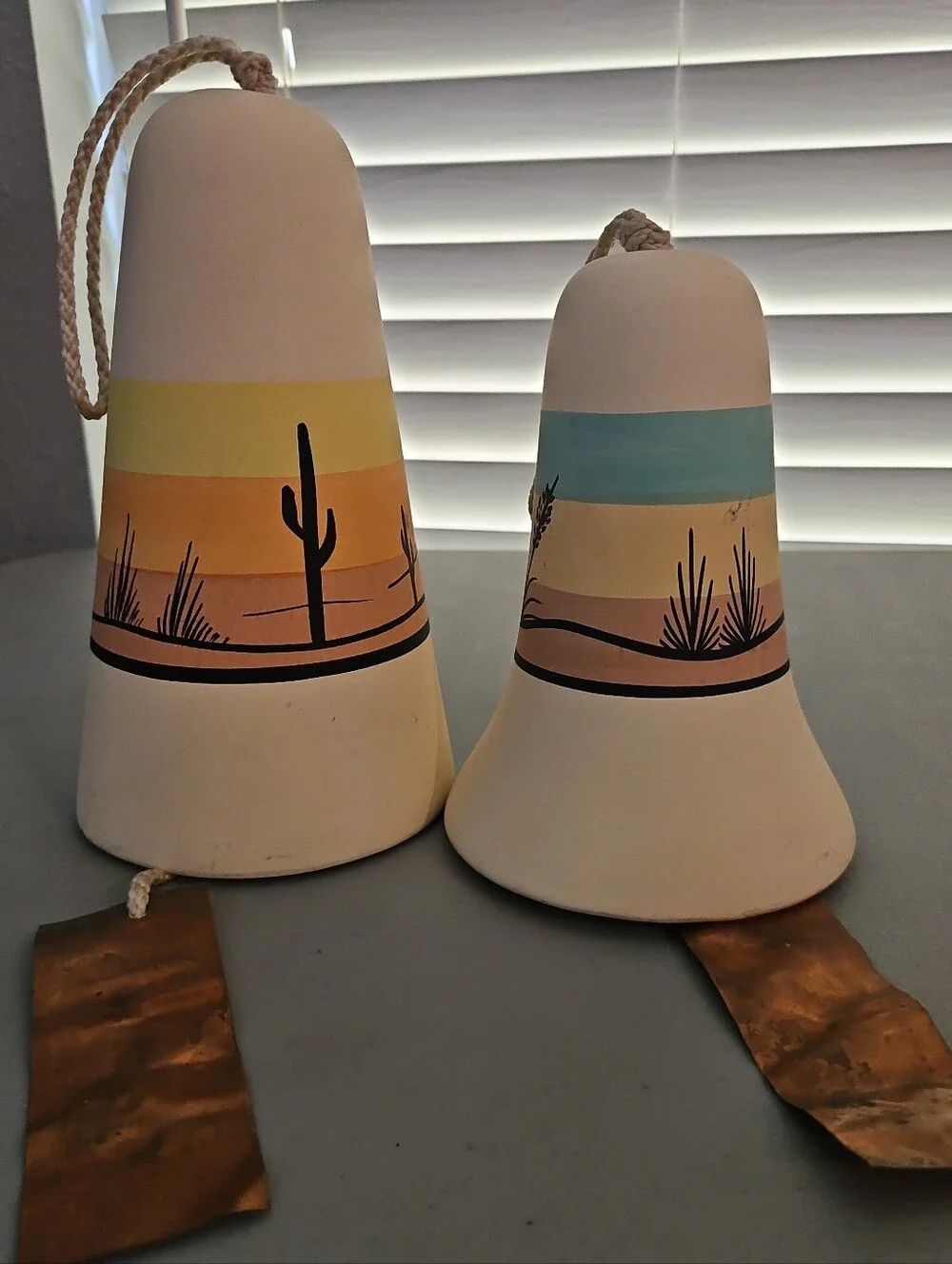 Southwestern Ceramic Wind Bells Lot of 2 Hand Painted Cactus Quail Sunset